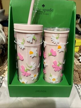 NIB kate spade Pink Floral Tumbler & Travel Mug Set with Straw Spring Summer